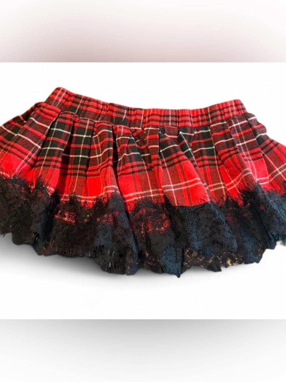 Red Plaid Lace-Trim Micro Skirt